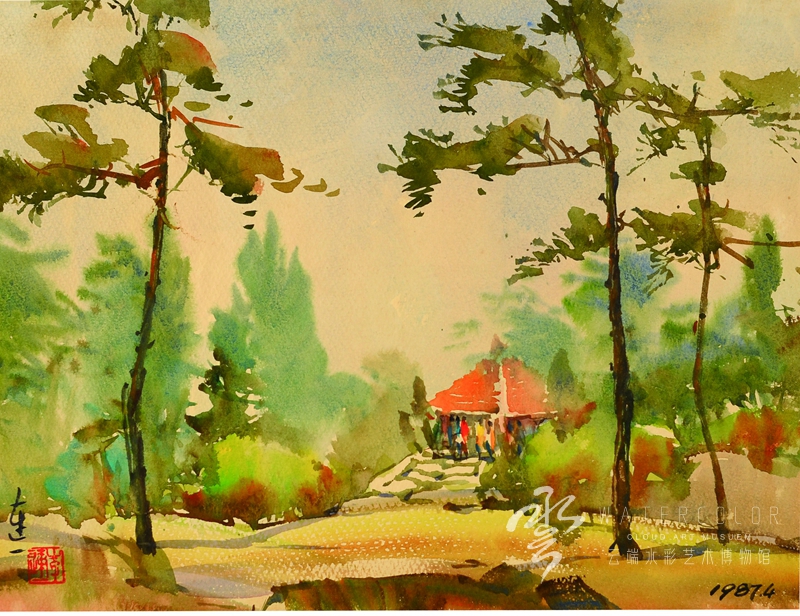 李连一《青岛中山公园-牡丹亭》 30*38cm 1987年